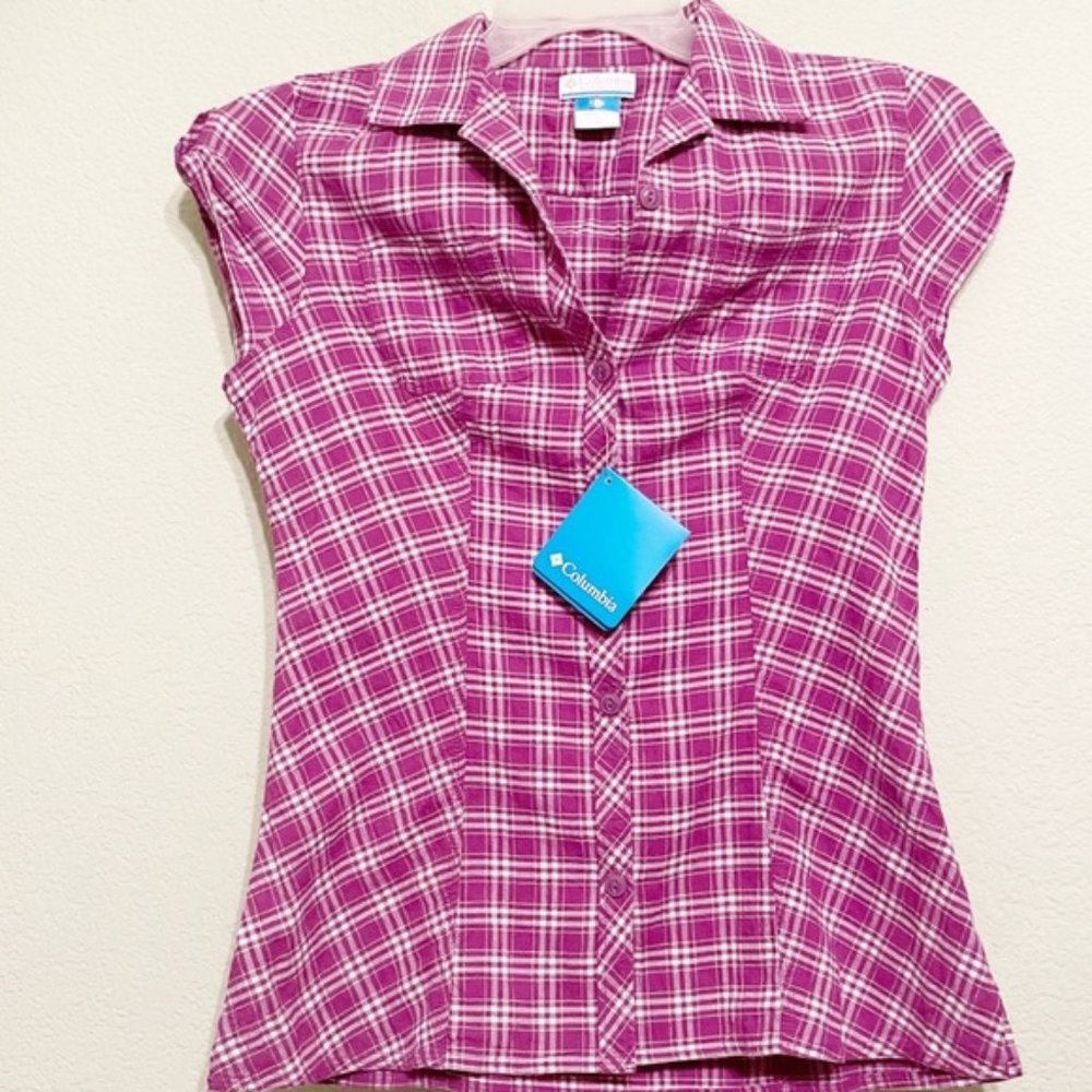 New Columbia Active Purple & White Plaid Cap Sleeve Button Down Top